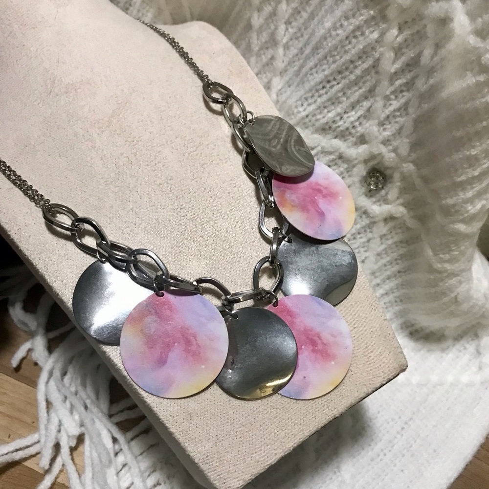 2 For $10. Pink Nebula and Silver Discs Necklace